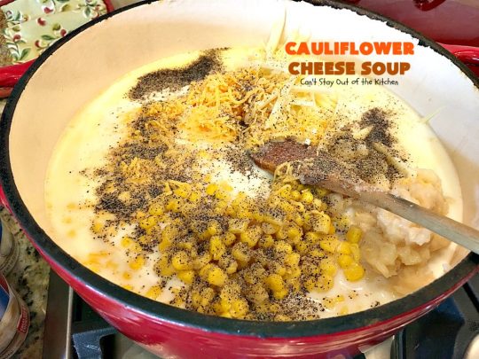 Cauliflower Cheese Soup | Can't Stay Out of the Kitchen | this #cauliflower #soup is heavenly. Uses #cheddarcheese #provolone & #creamofpotatosoup. Amazing comfort food.