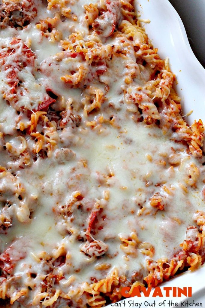 Cavatini | Can't Stay Out of the Kitchen | this kid-friendly #pasta #casserole includes spaghetti sauce #pepperoni, #mozzarella cheese & #glutenfree rotini noodles. So easy & delicious.