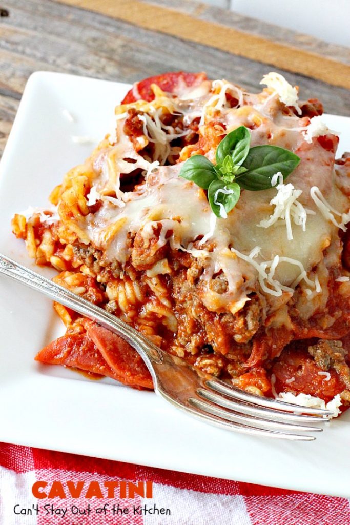 Cavatini | Can't Stay Out of the Kitchen | this kid-friendly #pasta #casserole includes spaghetti sauce #pepperoni, #mozzarella cheese & #glutenfree rotini noodles. So easy & delicious.