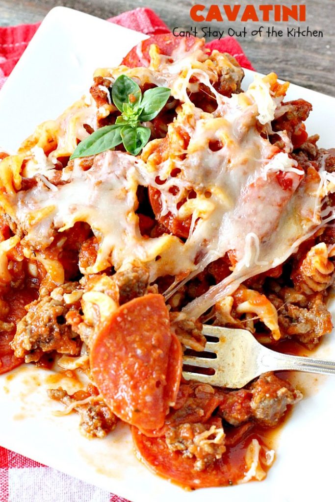 Cavatini | Can't Stay Out of the Kitchen | this kid-friendly #pasta #casserole includes spaghetti sauce #pepperoni, #mozzarella cheese & #glutenfree rotini noodles. So easy & delicious.