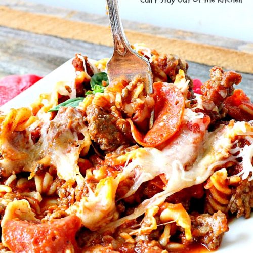 Cavatini | Can't Stay Out of the Kitchen | this kid-friendly #pasta #casserole includes spaghetti sauce #pepperoni, #mozzarella cheese & #glutenfree rotini noodles. So easy & delicious.