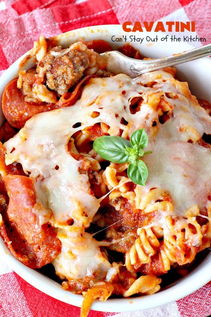 Cavatini | Can't Stay Out of the Kitchen | this kid-friendly #pasta #casserole includes spaghetti sauce #pepperoni, #mozzarella cheese & #glutenfree rotini noodles. So easy & delicious.