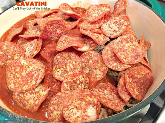 Cavatini | Can't Stay Out of the Kitchen | this kid-friendly #pasta #casserole includes spaghetti sauce #pepperoni, #mozzarella cheese & #glutenfree rotini noodles. So easy & delicious.