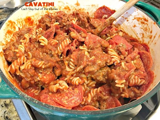 Cavatini | Can't Stay Out of the Kitchen | this kid-friendly #pasta #casserole includes spaghetti sauce #pepperoni, #mozzarella cheese & #glutenfree rotini noodles. So easy & delicious.