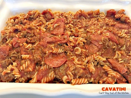 Cavatini | Can't Stay Out of the Kitchen | this kid-friendly #pasta #casserole includes spaghetti sauce #pepperoni, #mozzarella cheese & #glutenfree rotini noodles. So easy & delicious.