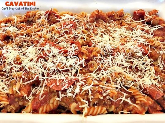 Cavatini | Can't Stay Out of the Kitchen | this kid-friendly #pasta #casserole includes spaghetti sauce #pepperoni, #mozzarella cheese & #glutenfree rotini noodles. So easy & delicious.