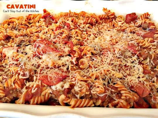 Cavatini | Can't Stay Out of the Kitchen | this kid-friendly #pasta #casserole includes spaghetti sauce #pepperoni, #mozzarella cheese & #glutenfree rotini noodles. So easy & delicious.