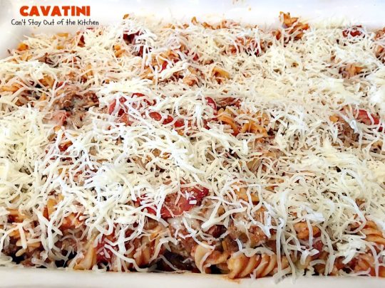 Cavatini | Can't Stay Out of the Kitchen | this kid-friendly #pasta #casserole includes spaghetti sauce #pepperoni, #mozzarella cheese & #glutenfree rotini noodles. So easy & delicious.