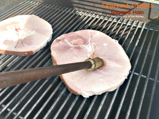 Charcoal-Grilled Sugared Ham | Can't Stay Out of the Kitchen | fabulous 4-ingredient recipe for #ham steaks on the grill. Great idea for the #holidays too. #glutenfree #pork 