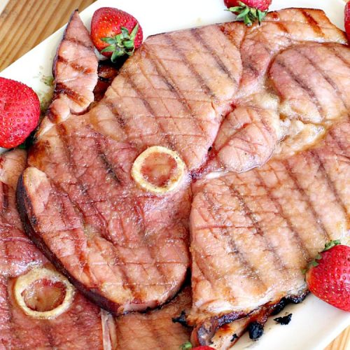 Charcoal-Grilled Sugared Ham | Can't Stay Out of the Kitchen | fabulous 4-ingredient recipe for #ham steaks on the grill. Great idea for the #holidays too. #glutenfree #pork