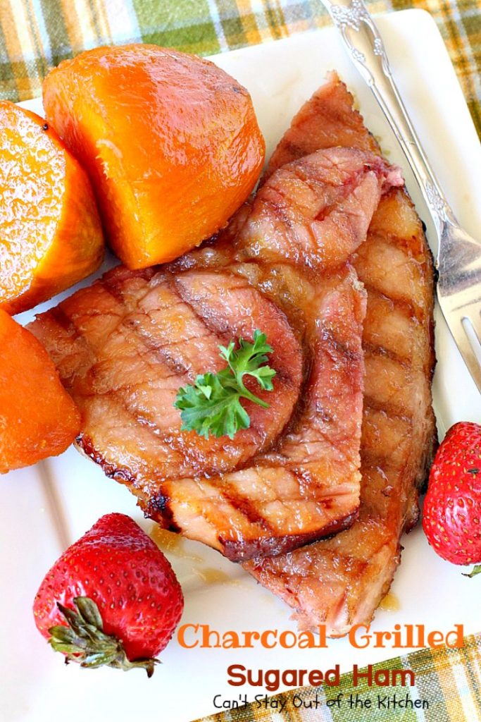 Charcoal-Grilled Sugared Ham | Can't Stay Out of the Kitchen | fabulous 4-ingredient recipe for #ham steaks on the grill. Great idea for the #holidays too. #glutenfree #pork 