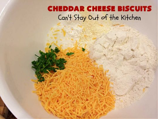 Cheddar Cheese Biscuits | Can't Stay Out of the Kitchen | these fluffy & delicious #biscuits include #chives & #CheddarCheese to bump up the flavor from regular biscuits. They're wonderful for #breakfast, lunch or dinner! They pair perfectly with soup or chili, but are also good with preserves spread over top for morning menus. #Thanksgiving #Christmas #HomemadeBiscuits #CheddarCheeseBiscuits