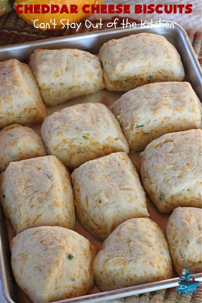 Cheddar Cheese Biscuits | Can't Stay Out of the Kitchen | these fluffy & delicious #biscuits include #chives & #CheddarCheese to bump up the flavor from regular biscuits. They're wonderful for #breakfast, lunch or dinner! They pair perfectly with soup or chili, but are also good with preserves spread over top for morning menus. #Thanksgiving #Christmas #HomemadeBiscuits #CheddarCheeseBiscuits