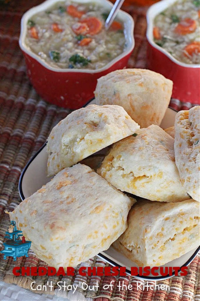 Cheddar Cheese Biscuits | Can't Stay Out of the Kitchen | these fluffy & delicious #biscuits include #chives & #CheddarCheese to bump up the flavor from regular biscuits. They're wonderful for #breakfast, lunch or dinner! They pair perfectly with soup or chili, but are also good with preserves spread over top for morning menus. #Thanksgiving #Christmas #HomemadeBiscuits #CheddarCheeseBiscuits