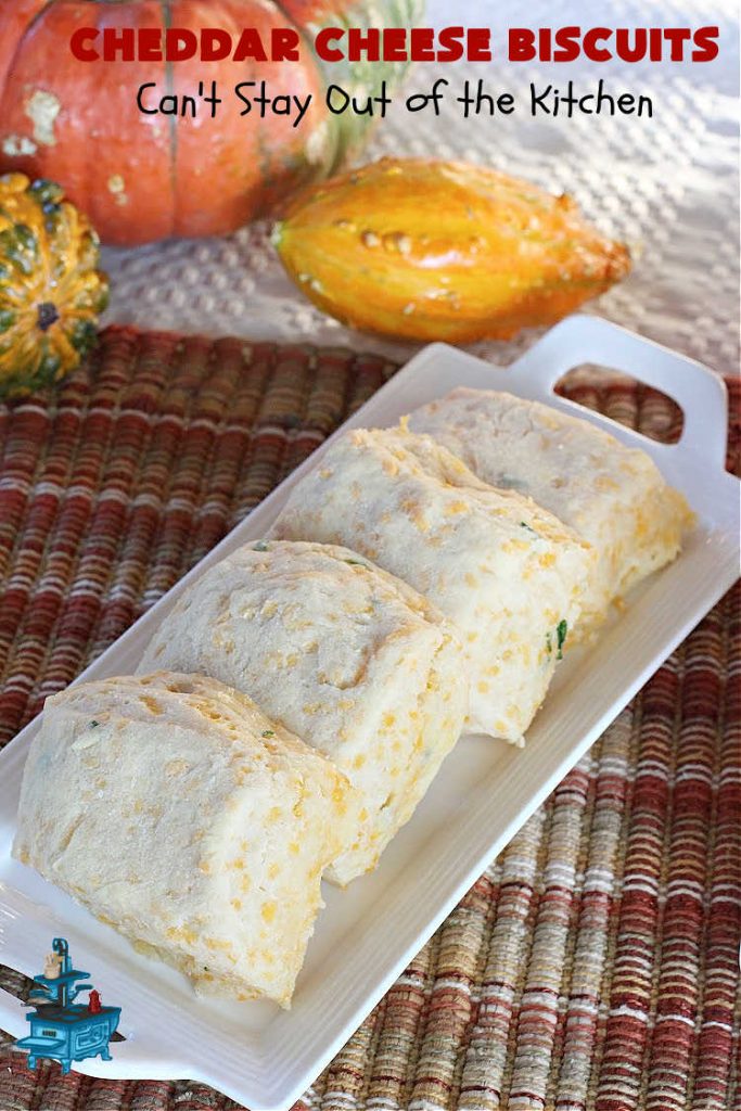 Cheddar Cheese Biscuits | Can't Stay Out of the Kitchen | these fluffy & delicious #biscuits include #chives & #CheddarCheese to bump up the flavor from regular biscuits. They're wonderful for #breakfast, lunch or dinner! They pair perfectly with soup or chili, but are also good with preserves spread over top for morning menus. #Thanksgiving #Christmas #HomemadeBiscuits #CheddarCheeseBiscuits