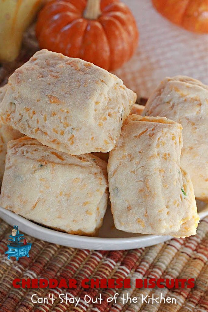 Cheddar Cheese Biscuits | Can't Stay Out of the Kitchen | these fluffy & delicious #biscuits include #chives & #CheddarCheese to bump up the flavor from regular biscuits. They're wonderful for #breakfast, lunch or dinner! They pair perfectly with soup or chili, but are also good with preserves spread over top for morning menus. #Thanksgiving #Christmas #HomemadeBiscuits #CheddarCheeseBiscuits