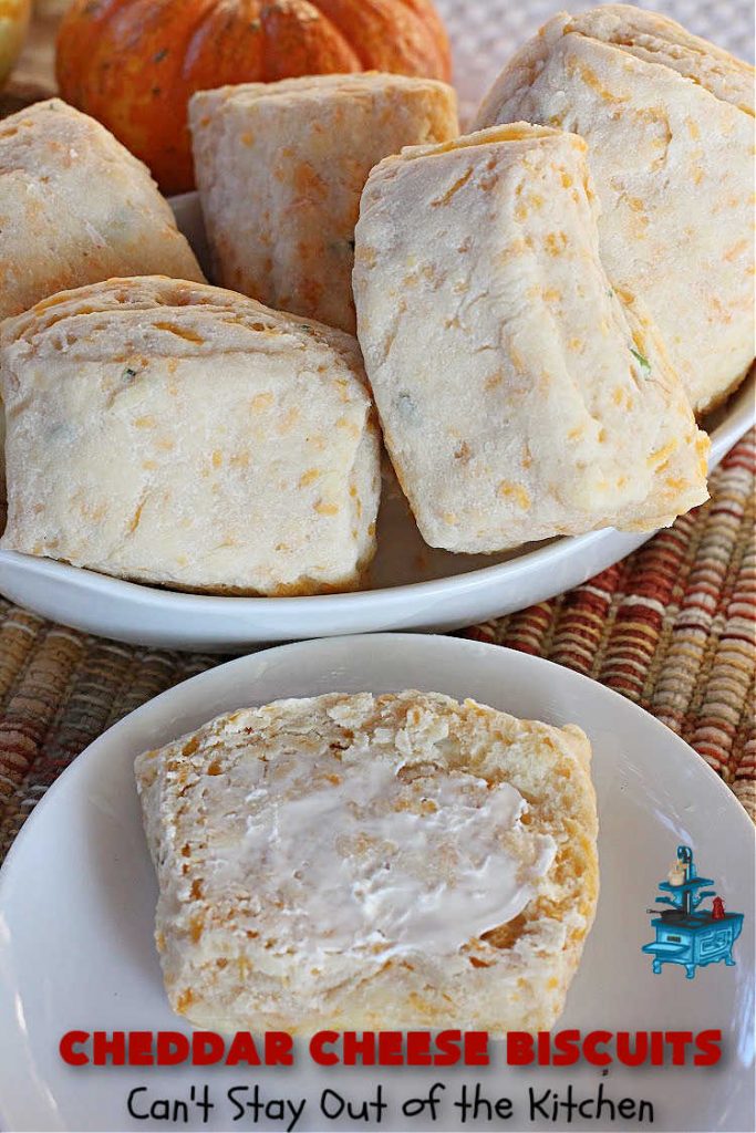Cheddar Cheese Biscuits | Can't Stay Out of the Kitchen | these fluffy & delicious #biscuits include #chives & #CheddarCheese to bump up the flavor from regular biscuits. They're wonderful for #breakfast, lunch or dinner! They pair perfectly with soup or chili, but are also good with preserves spread over top for morning menus. #Thanksgiving #Christmas #HomemadeBiscuits #CheddarCheeseBiscuits