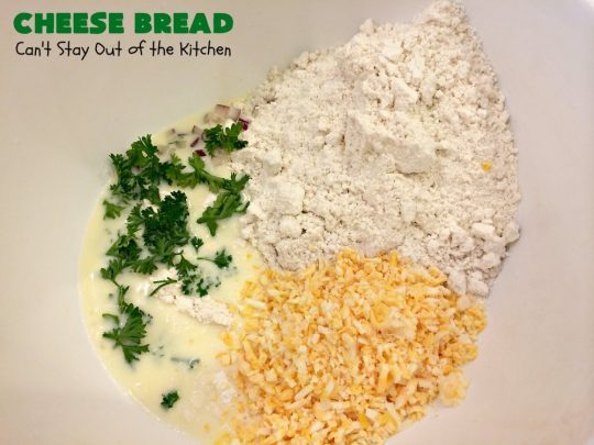 Cheese Bread | Can't Stay Out of the Kitchen | this simple 7-ingredient #recipe is terrific for lunch or dinner. It's so easy since it starts with #Bisquick. #cheese #CheddarCheese #EasyBreadRecipe #Easter #MothersDay #EasterSideDish #MothersDaySideDish #CheeseBread #bread