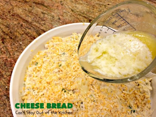 Cheese Bread | Can't Stay Out of the Kitchen | this simple 7-ingredient #recipe is terrific for lunch or dinner. It's so easy since it starts with #Bisquick. #cheese #CheddarCheese #EasyBreadRecipe #Easter #MothersDay #EasterSideDish #MothersDaySideDish #CheeseBread #bread