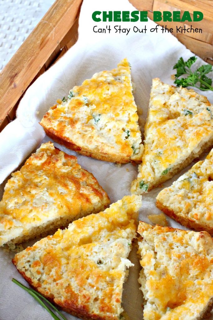 Cheese Bread | Can't Stay Out of the Kitchen | this simple 7-ingredient #recipe is terrific for lunch or dinner. It's so easy since it starts with #Bisquick. #cheese #CheddarCheese #EasyBreadRecipe #Easter #MothersDay #EasterSideDish #MothersDaySideDish #CheeseBread #bread