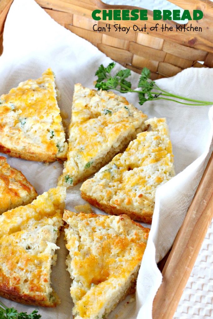 Cheese Bread | Can't Stay Out of the Kitchen | this simple 7-ingredient #recipe is terrific for lunch or dinner. It's so easy since it starts with #Bisquick. #cheese #CheddarCheese #EasyBreadRecipe #Easter #MothersDay #EasterSideDish #MothersDaySideDish #CheeseBread #bread