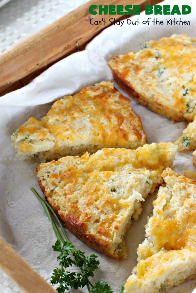 Cheese Bread | Can't Stay Out of the Kitchen | this simple 7-ingredient #recipe is terrific for lunch or dinner. It's so easy since it starts with #Bisquick. #cheese #CheddarCheese #EasyBreadRecipe #Easter #MothersDay #EasterSideDish #MothersDaySideDish #CheeseBread #bread