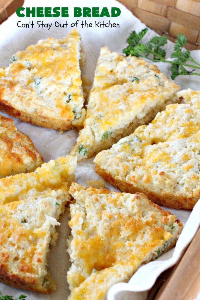 Cheese Bread | Can't Stay Out of the Kitchen | this simple 7-ingredient #recipe is terrific for lunch or dinner. It's so easy since it starts with #Bisquick. #cheese #CheddarCheese #EasyBreadRecipe #Easter #MothersDay #EasterSideDish #MothersDaySideDish #CheeseBread #bread