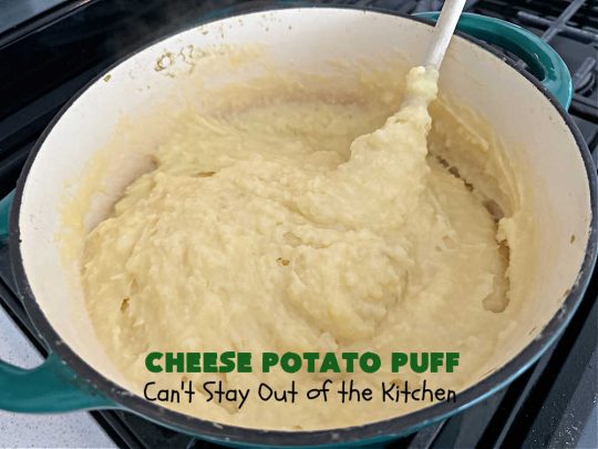 Cheese Potato Puff | Can't Stay Out of the Kitchen | this #souffle-type #potato #SideDish is absolutely delightful. It's #cheesy, tasty & so mouthwatering you'll want seconds. It pairs well with any #meat #entree & is really excellent for company #dinners or #holidays like #Thanksgiving, #Christmas, #Easter or #MothersDay. #CheddarCheese #chives #CheesePotatoPuff