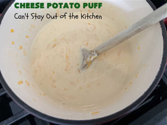 Cheese Potato Puff | Can't Stay Out of the Kitchen | this #souffle-type #potato #SideDish is absolutely delightful. It's #cheesy, tasty & so mouthwatering you'll want seconds. It pairs well with any #meat #entree & is really excellent for company #dinners or #holidays like #Thanksgiving, #Christmas, #Easter or #MothersDay. #CheddarCheese #chives #CheesePotatoPuff
