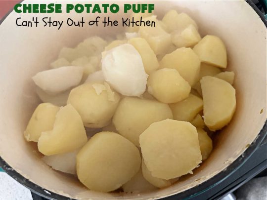 Cheese Potato Puff | Can't Stay Out of the Kitchen | this #souffle-type #potato #SideDish is absolutely delightful. It's #cheesy, tasty & so mouthwatering you'll want seconds. It pairs well with any #meat #entree & is really excellent for company #dinners or #holidays like #Thanksgiving, #Christmas, #Easter or #MothersDay. #CheddarCheese #chives #CheesePotatoPuff