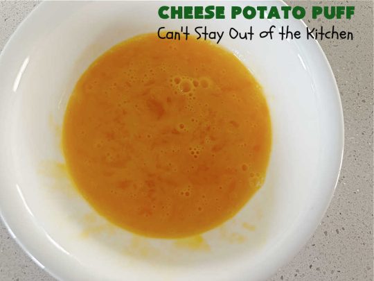 Cheese Potato Puff | Can't Stay Out of the Kitchen | this #souffle-type #potato #SideDish is absolutely delightful. It's #cheesy, tasty & so mouthwatering you'll want seconds. It pairs well with any #meat #entree & is really excellent for company #dinners or #holidays like #Thanksgiving, #Christmas, #Easter or #MothersDay. #CheddarCheese #chives #CheesePotatoPuff