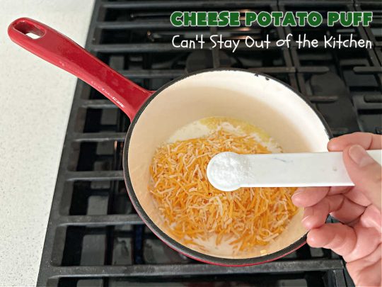 Cheese Potato Puff | Can't Stay Out of the Kitchen | this #souffle-type #potato #SideDish is absolutely delightful. It's #cheesy, tasty & so mouthwatering you'll want seconds. It pairs well with any #meat #entree & is really excellent for company #dinners or #holidays like #Thanksgiving, #Christmas, #Easter or #MothersDay. #CheddarCheese #chives #CheesePotatoPuff