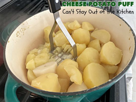 Cheese Potato Puff | Can't Stay Out of the Kitchen | this #souffle-type #potato #SideDish is absolutely delightful. It's #cheesy, tasty & so mouthwatering you'll want seconds. It pairs well with any #meat #entree & is really excellent for company #dinners or #holidays like #Thanksgiving, #Christmas, #Easter or #MothersDay. #CheddarCheese #chives #CheesePotatoPuff