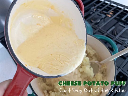 Cheese Potato Puff | Can't Stay Out of the Kitchen | this #souffle-type #potato #SideDish is absolutely delightful. It's #cheesy, tasty & so mouthwatering you'll want seconds. It pairs well with any #meat #entree & is really excellent for company #dinners or #holidays like #Thanksgiving, #Christmas, #Easter or #MothersDay. #CheddarCheese #chives #CheesePotatoPuff