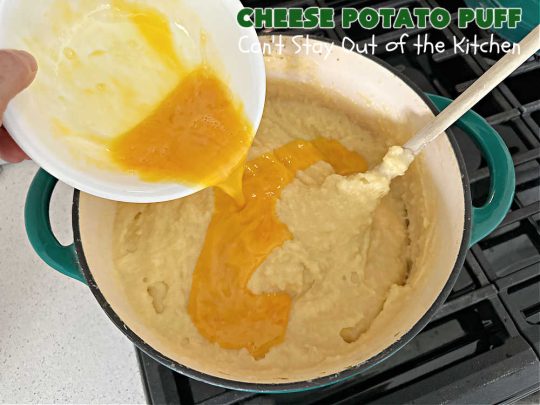 Cheese Potato Puff | Can't Stay Out of the Kitchen | this #souffle-type #potato #SideDish is absolutely delightful. It's #cheesy, tasty & so mouthwatering you'll want seconds. It pairs well with any #meat #entree & is really excellent for company #dinners or #holidays like #Thanksgiving, #Christmas, #Easter or #MothersDay. #CheddarCheese #chives #CheesePotatoPuff