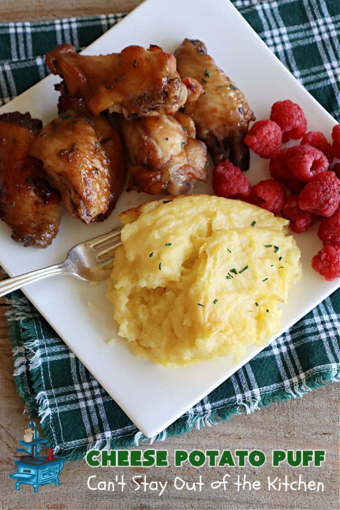 Cheese Potato Puff | Can't Stay Out of the Kitchen | this #souffle-type #potato #SideDish is absolutely delightful. It's #cheesy, tasty & so mouthwatering you'll want seconds. It pairs well with any #meat #entree & is really excellent for company #dinners or #holidays like #Thanksgiving, #Christmas, #Easter or #MothersDay. #CheddarCheese #chives #CheesePotatoPuff