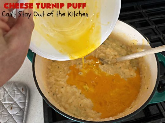Cheese Turnip Puff | Can't Stay Out of the Kitchen | This #soufflé -type #SideDish puffs up while #baking so it's lighter and fluffier. #Turnips are an infrequently used #vegetable but they're certainly tasty in this #cheesy #casserole #SideDish. #Chives & #parsley amp up the flavors. It's great for family or company #dinners. #Holiday #HolidaySideDish #CheddarCheese #CheeseTurnipPuff