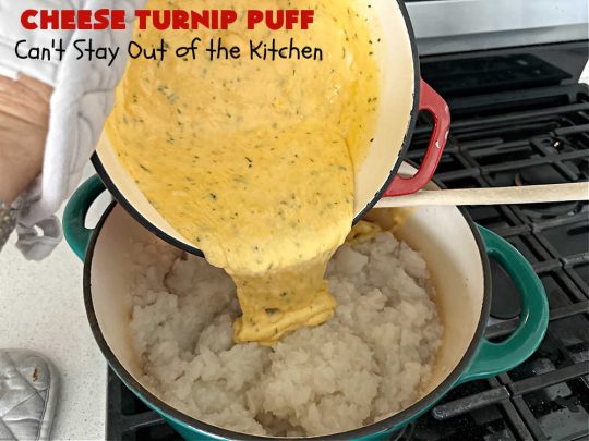 Cheese Turnip Puff | Can't Stay Out of the Kitchen | This #soufflé -type #SideDish puffs up while #baking so it's lighter and fluffier. #Turnips are an infrequently used #vegetable but they're certainly tasty in this #cheesy #casserole #SideDish. #Chives & #parsley amp up the flavors. It's great for family or company #dinners. #Holiday #HolidaySideDish #CheddarCheese #CheeseTurnipPuff