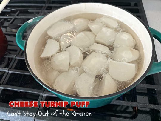 Cheese Turnip Puff | Can't Stay Out of the Kitchen | This #soufflé -type #SideDish puffs up while #baking so it's lighter and fluffier. #Turnips are an infrequently used #vegetable but they're certainly tasty in this #cheesy #casserole #SideDish. #Chives & #parsley amp up the flavors. It's great for family or company #dinners. #Holiday #HolidaySideDish #CheddarCheese #CheeseTurnipPuff