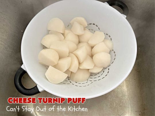 Cheese Turnip Puff | Can't Stay Out of the Kitchen | This #soufflé -type #SideDish puffs up while #baking so it's lighter and fluffier. #Turnips are an infrequently used #vegetable but they're certainly tasty in this #cheesy #casserole #SideDish. #Chives & #parsley amp up the flavors. It's great for family or company #dinners. #Holiday #HolidaySideDish #CheddarCheese #CheeseTurnipPuff