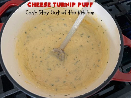 Cheese Turnip Puff | Can't Stay Out of the Kitchen | This #soufflé -type #SideDish puffs up while #baking so it's lighter and fluffier. #Turnips are an infrequently used #vegetable but they're certainly tasty in this #cheesy #casserole #SideDish. #Chives & #parsley amp up the flavors. It's great for family or company #dinners. #Holiday #HolidaySideDish #CheddarCheese #CheeseTurnipPuff
