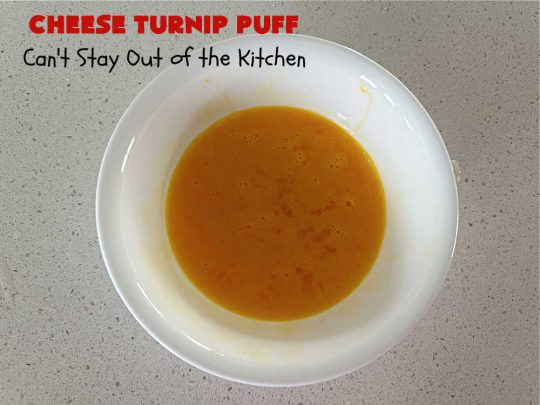 Cheese Turnip Puff | Can't Stay Out of the Kitchen | This #soufflé -type #SideDish puffs up while #baking so it's lighter and fluffier. #Turnips are an infrequently used #vegetable but they're certainly tasty in this #cheesy #casserole #SideDish. #Chives & #parsley amp up the flavors. It's great for family or company #dinners. #Holiday #HolidaySideDish #CheddarCheese #CheeseTurnipPuff