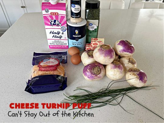 Cheese Turnip Puff | Can't Stay Out of the Kitchen | This #soufflé -type #SideDish puffs up while #baking so it's lighter and fluffier. #Turnips are an infrequently used #vegetable but they're certainly tasty in this #cheesy #casserole #SideDish. #Chives & #parsley amp up the flavors. It's great for family or company #dinners. #Holiday #HolidaySideDish #CheddarCheese #CheeseTurnipPuff