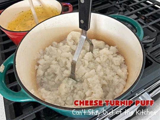 Cheese Turnip Puff | Can't Stay Out of the Kitchen | This #soufflé -type #SideDish puffs up while #baking so it's lighter and fluffier. #Turnips are an infrequently used #vegetable but they're certainly tasty in this #cheesy #casserole #SideDish. #Chives & #parsley amp up the flavors. It's great for family or company #dinners. #Holiday #HolidaySideDish #CheddarCheese #CheeseTurnipPuff