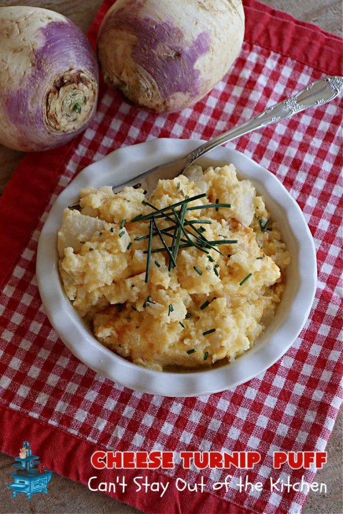 Cheese Turnip Puff | Can't Stay Out of the Kitchen | This #soufflé -type #SideDish puffs up while #baking so it's lighter and fluffier. #Turnips are an infrequently used #vegetable but they're certainly tasty in this #cheesy #casserole #SideDish. #Chives & #parsley amp up the flavors. It's great for family or company #dinners. #Holiday #HolidaySideDish #CheddarCheese #CheeseTurnipPuff