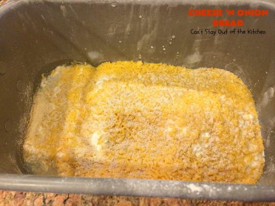 Cheese 'N Onion Bread | Can't Stay Out of the Kitchen | this savory #HomemadeBread is delightful for dinner. It's made with #CheddarCheese & dehydrated onions. It's so easy since it's made in the #breadmaker. #bread #BreadmakerBread #CheeseNOnionBread