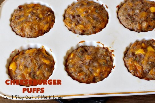 Cheeseburger Puffs | Can't Stay Out of the Kitchen | these fantastic #appetizers are perfect for #tailgating parties, potlucks or special occasions like birthdays or baby showers. Just drizzle with #BBQSauce & you have a delightful #Cheeseburger treat that you won't be able to get enough of! Also great for a busy weekend dinner. #GroundBeef #CheeseburgerPuffs #CheddarCheese #SuperBowl