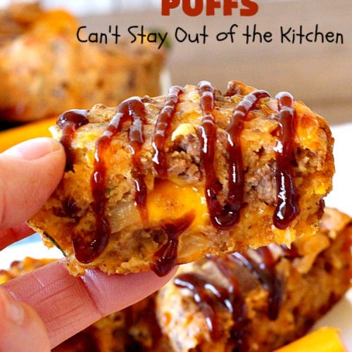 Cheeseburger Puffs | Can't Stay Out of the Kitchen | these fantastic #appetizers are perfect for #tailgating parties, potlucks or special occasions like birthdays or baby showers. Just drizzle with #BBQSauce & you have a delightful #Cheeseburger treat that you won't be able to get enough of! Also great for a busy weekend dinner. #GroundBeef #CheeseburgerPuffs #CheddarCheese #SuperBowl
