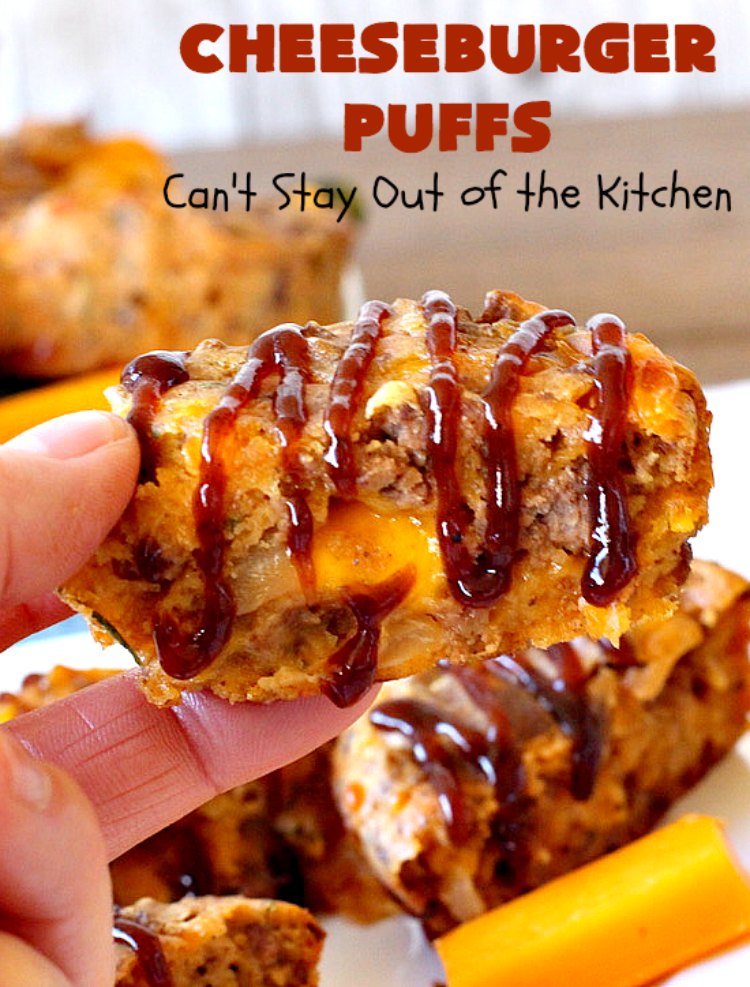 Cheeseburger Puffs | Can't Stay Out of the Kitchen | these fantastic #appetizers are perfect for #tailgating parties, potlucks or special occasions like birthdays or baby showers. Just drizzle with #BBQSauce & you have a delightful #Cheeseburger treat that you won't be able to get enough of! Also great for a busy weekend dinner. #GroundBeef #CheeseburgerPuffs #CheddarCheese #SuperBowl