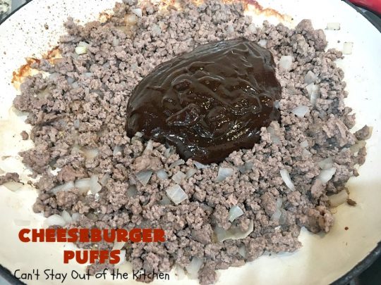 Cheeseburger Puffs | Can't Stay Out of the Kitchen | these fantastic #appetizers are perfect for #tailgating parties, potlucks or special occasions like birthdays or baby showers. Just drizzle with #BBQSauce & you have a delightful #Cheeseburger treat that you won't be able to get enough of! Also great for a busy weekend dinner. #GroundBeef #CheeseburgerPuffs #CheddarCheese #SuperBowl